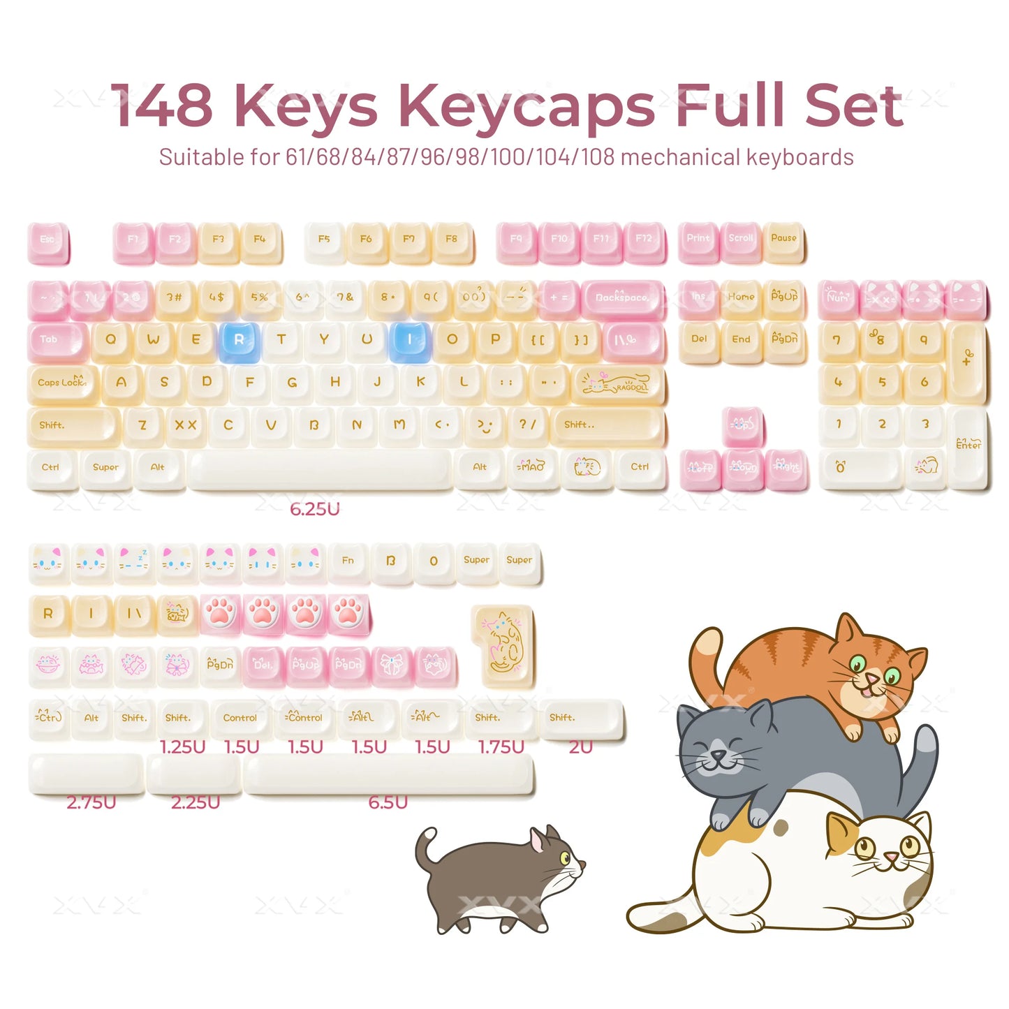 VectaGrid Nekos | 148-Key MAO Profile Glossy Cat Keycap Set